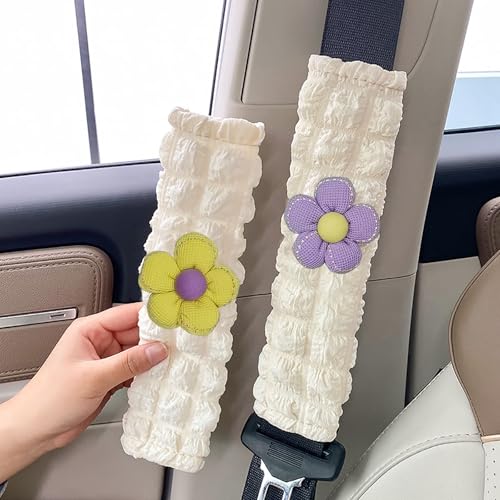Image of Car Seat Belt Cover Pad, 2 Pack Flower Car Accessorie Seatbelt Covers Cushion Neck Shoulder Strap Protector Universal Seat Belt Cover for Adults and Kids (Purple and Yellow)