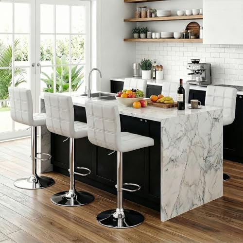 Image of ZENY X-Large Bar Stools - Counter Chairs Adjustable Counter Height Swivel Barstools Set of 4, Square PU Leather Kitchen Counter Height Bar Stools, Kitchen Island Chairs,White