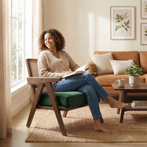 Image of Kingsman Furnitures ABEL Rattan Teak Wood Accent Arm Chair for Home Bedroom, Living, Dining, Drawing Room | Ultra Soft and Comfortable for Stress Free | Removable Cushion (Walnut Forest Green)