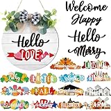 Burbell 20 Pcs Interchangeable Welcome Sign for All Seasons Seasonal Front Door Decor with 4 Sign and 14 Changeable Icons Farmhouse Front Porch Rustic Holiday Wooden Door Decor(White)
