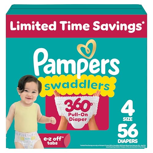 Image of Pampers Diapers - Swaddlers 360° - Size 4, 56 Count, up to 100% Leakproof Comfy Dry Fit, Designed for Easy Changes, Pull On Baby Diaper (Packaging May Vary)