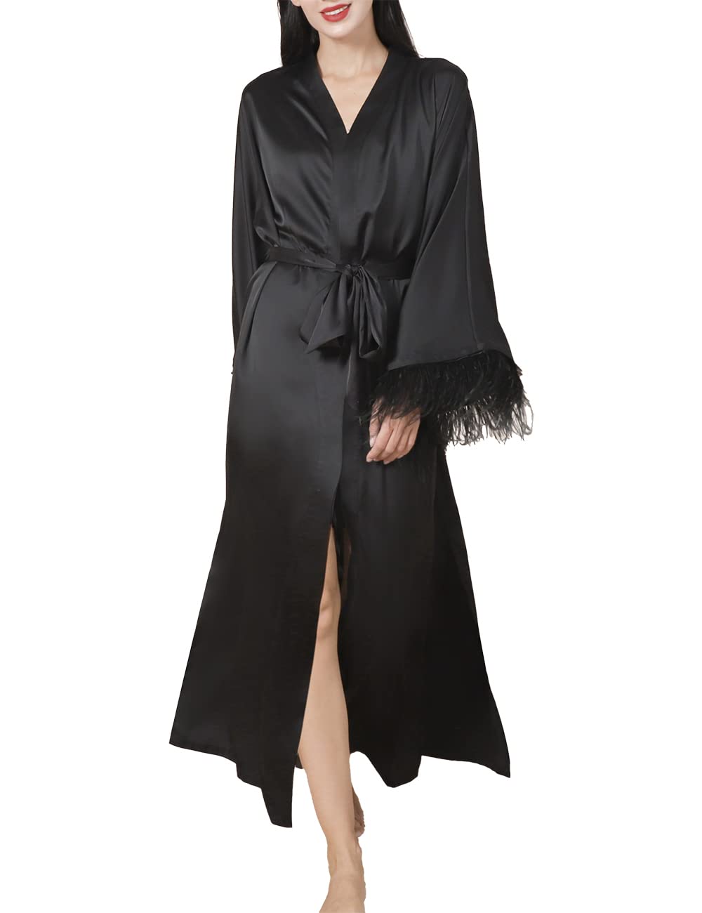 HHQ Long Silk Robe with Feathers Women White Satin Kimono Robes Tulle Sheer Sleeve Bridal Nightgown Bathrobe Party Sleepwear