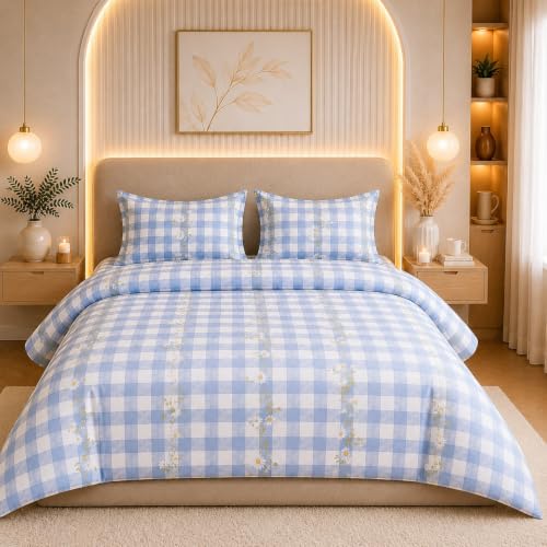 Image of THE HOME STYLE Supersoft Glace Cotton Elastic Fitted All Around King Size Printed Double Bedsheet with 2 Pillow Cover & King Size Comforter /Duvet /Blanket (72 inchx78 inch + Comforter, Daisy Check)
