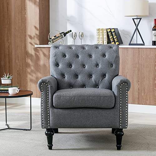 Ayoodfo Mid Century Modern Accent Chair, Club Chair Tufted Armchair With Nail-Head Trim And Wood Legs, Upholstered Single Sofa Accent Armchairs For Living Room, Bedroom, Small Space, Dark Gray #TOP6