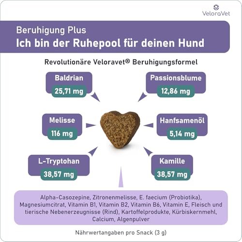 VeloraVet Beruhigungsmittel für Hunde mit Baldrian, Kamille - Natürliche Beruhigung & Seelenruhe als leckerer Snack für deinen Hund - Ideal bei Angst, Stress, Silvester, Autofahren - 70 Stück