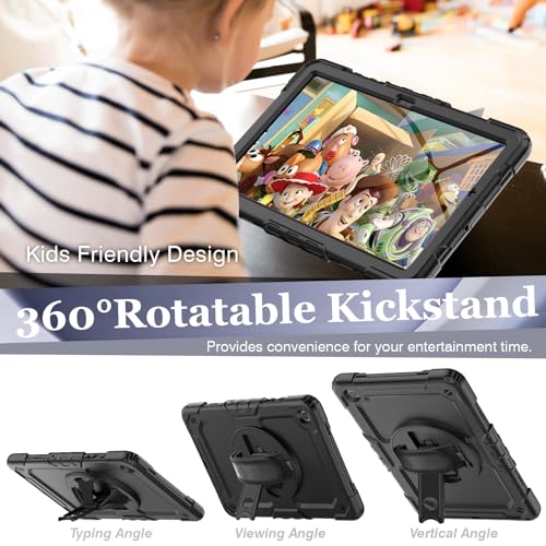 Sibeitu for Galaxy Tab A9+ Plus 11'' Heavy Duty Case for Work 2023 with Screen Protector, Military Grade Defender Protection, Rugged Shockproof Tab A9+ Case W/ 360° Rotating Hand Strap & Stand, Black