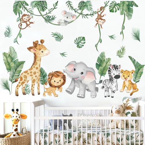 wondever Stickers Muraux Animaux de la Jungle Tropicales Vigne Autocollants Muraux Mural Stickers Safari Éléphant Girafe Zèbre pour Chambre Enfants Bébé...