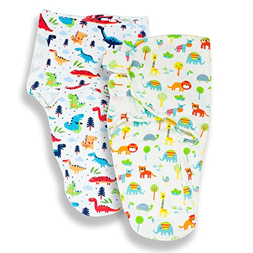 Callowesse © Baby Swaddle Wrap Manta Envolvente. Adecuado para 0-3 m (3,2kg-6,4kg), 100% pañales de algodón (2 paquetes) 190GSM / 0.5 TOG (Dino Land + Reino Exótico)