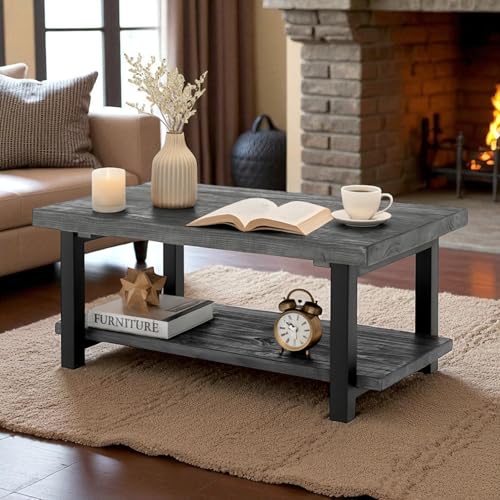 Image of Alaterre Furniture Pomona Solid Wood Coffee Table, Slate Grey, 42 inch | Rectangular Center Table with Storage Shelf and Metal Legs, Rustic Industrial Farmhouse Living Room Furniture