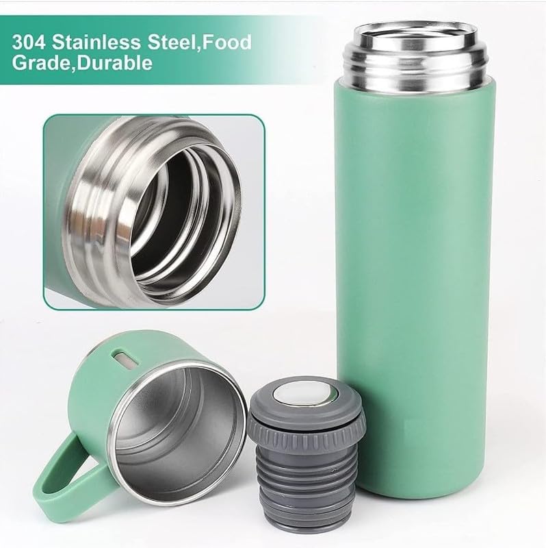 Image of 500ml Vacuum Insulated Stainless Steel Flask Set with 3 Cups Leakproof Double Wall Bottle for Tea Coffee Water Travel Office Gift Set Green