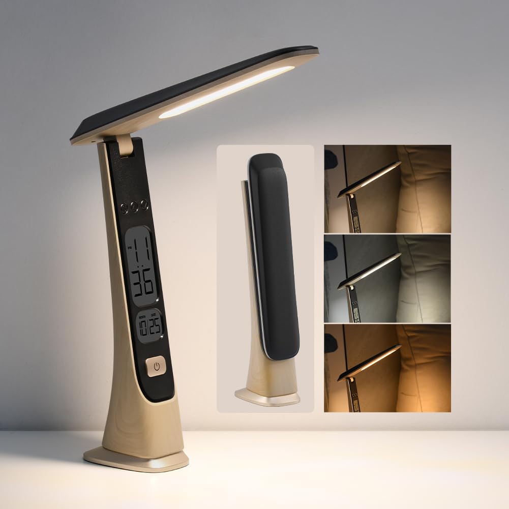 Lámparas recargables inalámbricas, lámpara de escritorio portátil plegable, luces a pilas con brillo continuo y visualización de tiempo para oficina en casa, luces de libros, accesorios de