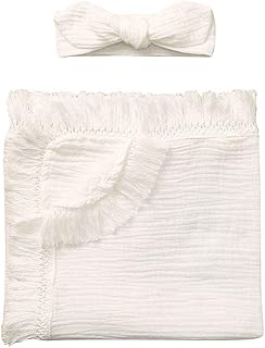 Timall Newborn Receiving Blanket Headband Set Baby Fringe Lace Swaddle Blanket Shower Gift - coolthings.us