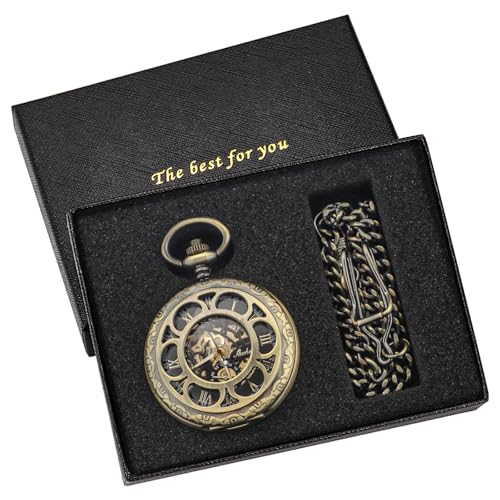 Image of Black and Silver Roman Numeral Dial Mens Mechanical Moon Phase Design, Moon Sun Pattern Skeleton Mechanical Pocket Watches for Men with Case and Chain - Black
