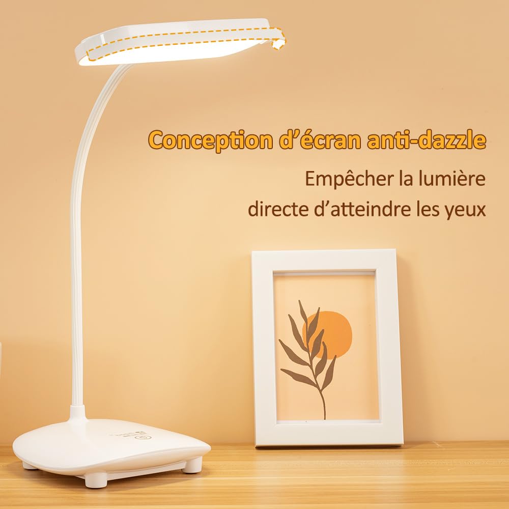 Lampe de Bureau Sans fil Rechargeable USB 40 LED 2 piles le total 2400mah, Tactile 3 Couleurs 6 Mode Dimmable, Fonction de Mémoire, Lampe Table Lecture Enfant Chambre Chevet