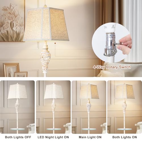 Vintage Floor Lamp with Nightlight and Glass Tray, Farmhouse Standing Lamp with White Washed Finish and Linen Shade, 65" Rustic Tall Lamp Decor for Living Room, Bedroom, Office, House (Bulb Included) - Image 4