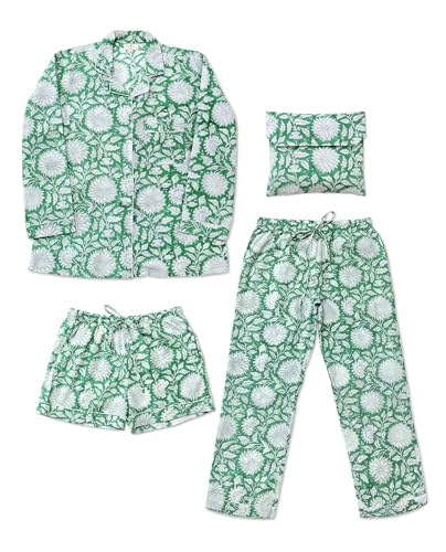 Image of Huar Women Pajama Set, 4 pcs Button Down Vacation Beach Cotton Set, Lounge wear PJ Set For Birthday