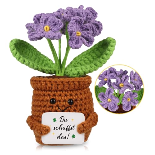 WenmthG Mutmacher Geschenk Gestrickte Lila Blumenpuppe für Kollege Freund Kleiner Glücksbringer Prüfung, Gute Besserung Geschenke, Ermutigung Geschenke Positive Kartoffel Deutsch Ersatz