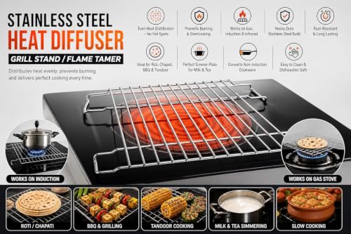 Image of Induction Infrared Grill Stand for Cooktop | Stainless Steel Universal Flame Diffuser Plate | Heat Diffuser for Gas & Induction Stove | Roti, Chapati, BBQ, Tandoor Grill Rack (grill 2)