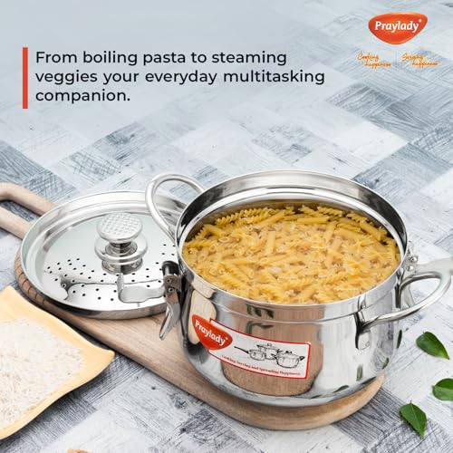 Image of Praylady Baby Boss Chef-Grade Stainless Steel Strainer Pot | 6L | 24 CM | Lock-&-Pour Lid | Induction Compatible | Cook & Drain Pot for Pasta, Rice, Maggi & Spaghetti | ISI & BIS Certified