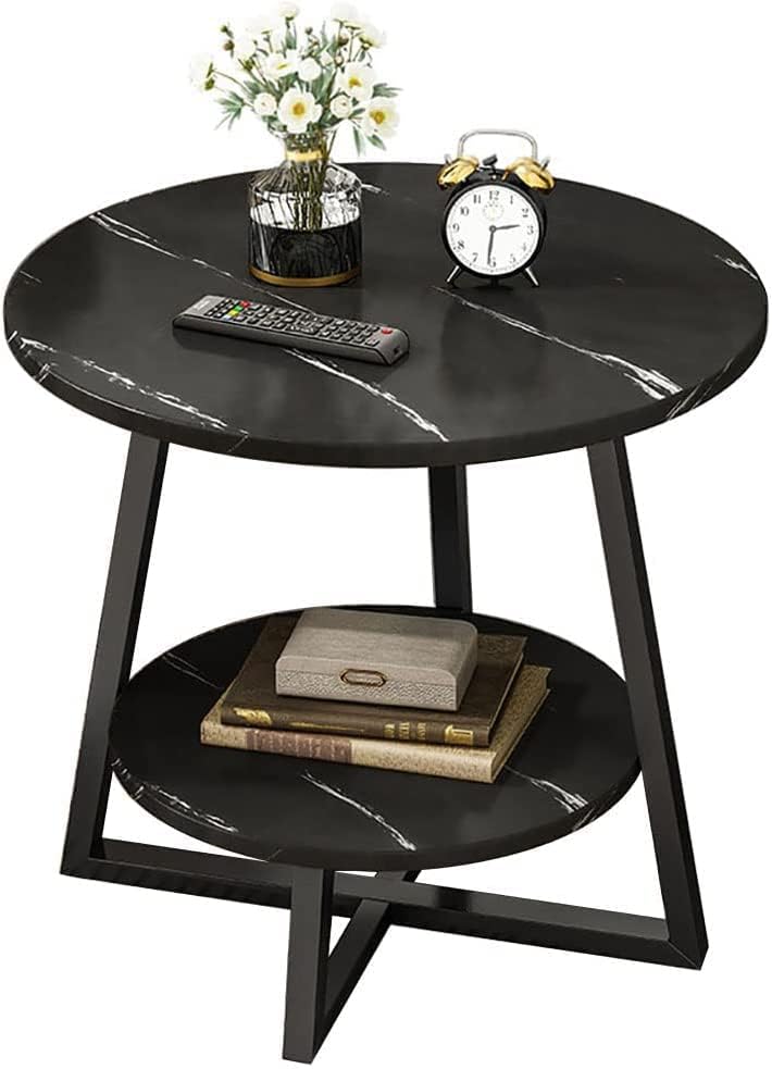 Image of Al Hama Coffee Table 2 Tier Round Tea Marble Pattern Table Modern Side Tables Sofa Table with Metal Frame Light End Tables Telephonr Table for Living Room-(Black)