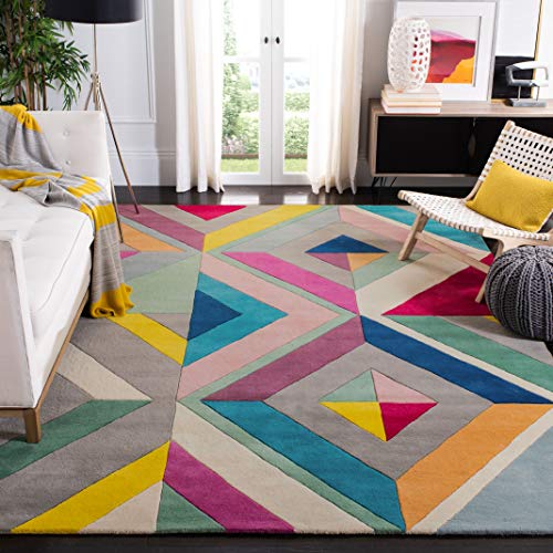SAFAVIEH Fifth Avenue Collection 8' x 10' Grey/Multi FTV112A Handmade Mid-Century Modern Abstract Wool Area Rug SAFAVIEH Fifth Avenue Collection 8' x 10' Grey/Multi FTV112A Handmade Mid-Century Modern Abstract Wool Area Rug