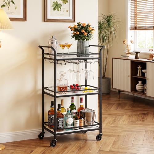 Image of VASAGLE Bar Cart, 3-Tier Shelf, Wine Holders, Glass Holders | Home Bar Serving Cart, 18.4 x 11.8 x 36.2 Inches, Small Spaces, Kitchen, Living Room, Black, BARIS Collection ULRC101B01