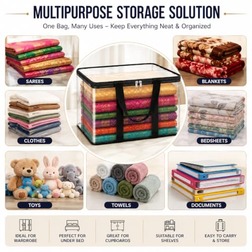 Image of Zollyss PVC Saree Storage Bags Pack of 2, Transparent Clothes Organizer, 200 Micron Foldable Wardrobe Storage Box with Metal Zipper & Strong Handles for Sarees, Blankets & Clothes, 40x32x22 cm