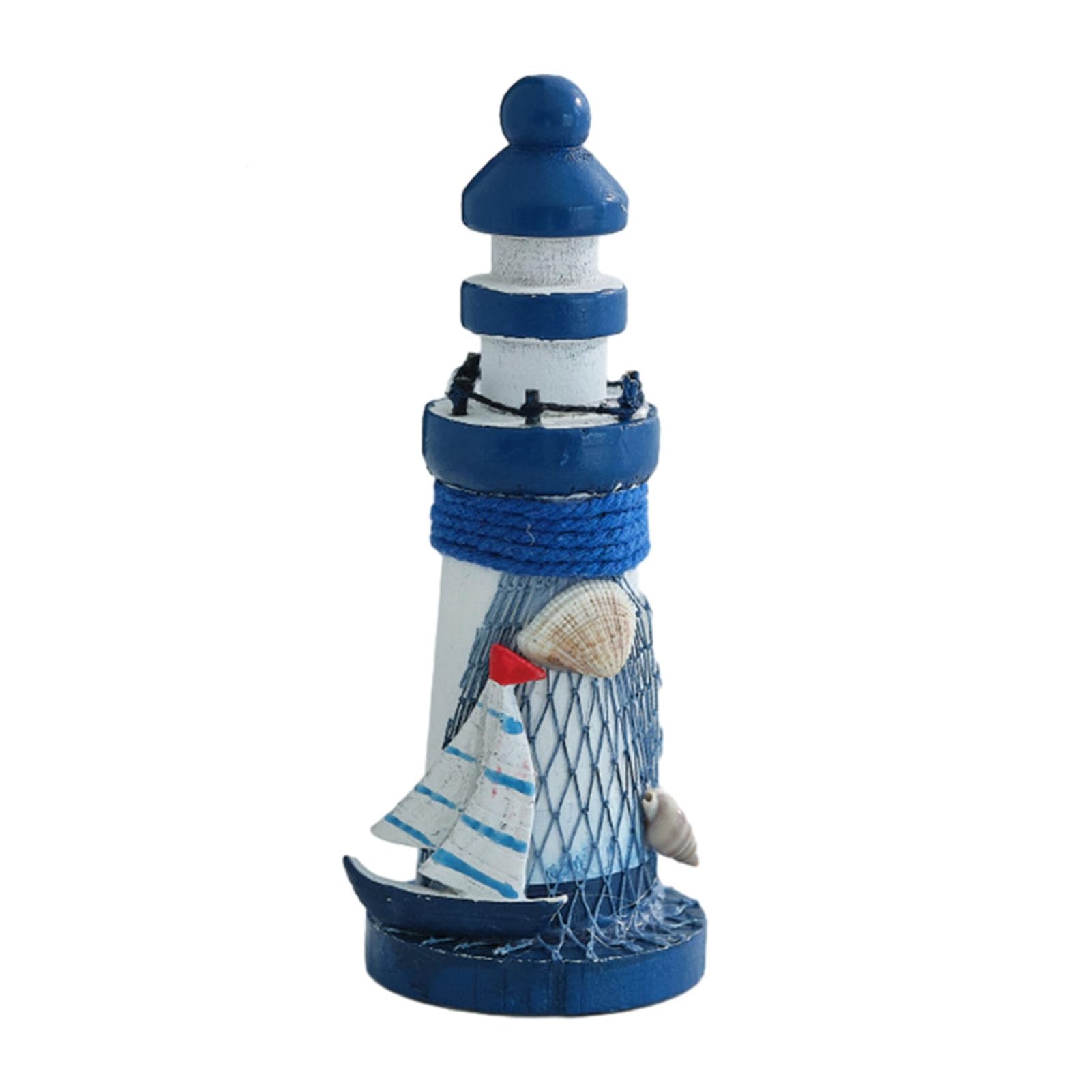 Rikuuui Wooden Lighthouse Figurine, Handmade Nautical Lighthouse Beach Decoration, White Blue Coastal Tabletop Decor for Home, Living Room G