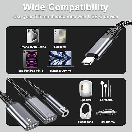 Image of USB C to 3.5mm Headphone and Charger Adapter, 3 in 1 Dual Type C Aux Splitter Charger Headphone Jack Dongle Cord Compatible for iPh /one 17 /16 /15 Pro /Max /Plus, iPad, Samsung Galaxy S22 /S23 /S24 Ultra