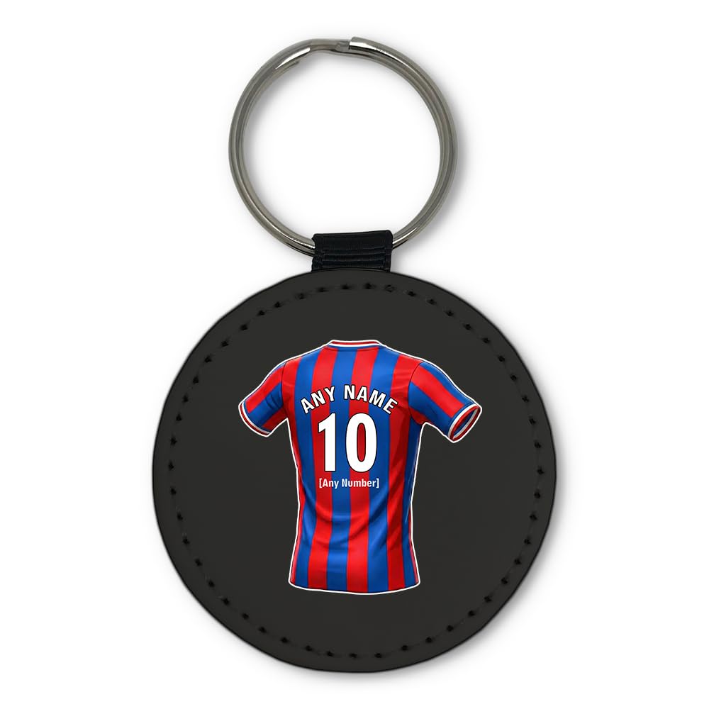 UNIGIFT Personalised Gift - South London Football Fan Black Round Keyring (Red and Blue Stripes Jersey Design) Custom Name Keychain - Croydon SE25 Club