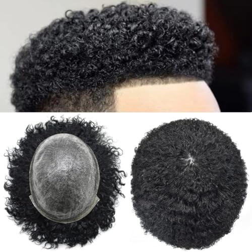 Afro Curl Toupee for Black Men Hair Pieces African American Mens Toupee Afro Kinky Curly Human Hair Replacement System Injected Full Poly Skin PU Man Hair Units Wigs 8X10 Natural Hair Weaves