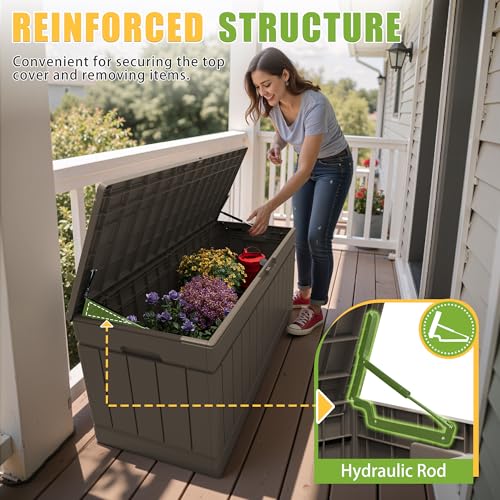 Image of Greesum Outdoor Storage Box 82 Gallon Storage Bin with Lid for Patio Furniture, Garden Tools, Pool Supplies, Waterproof and UV Resistant, Lockable, Dark Brown