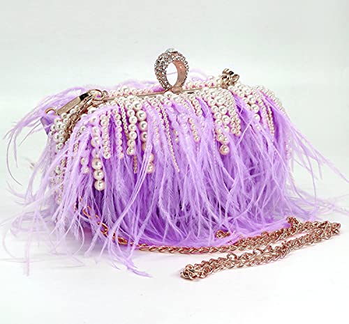 Zakia Women's Ostrich Feather Evening Clutch Bag Beads Pearls Purse Wedding Cocktail Birthday Party Shoulder Bag(X-Light Purple) #TOP1