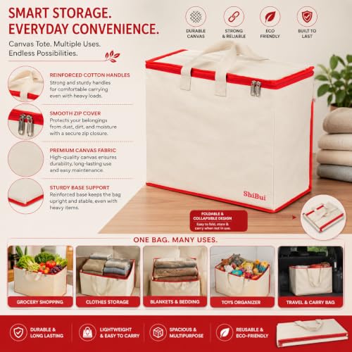 Image of SHIBUI Canvas Reinforced Cotton Handles with Multipurpose Clothes Storage Organizer & Grocery vegetable shopping and Covers Zip Bags.