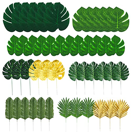 Artificial Palm Leaves Decor - 72 pcs 9 Kinds Tropical Leaves Safari Leaves Decoration Jungle Theme Party Supplies - Fake Leaves Monstera Green Hawaiian Leaf Decor Luau Dinosaur Party Decorations