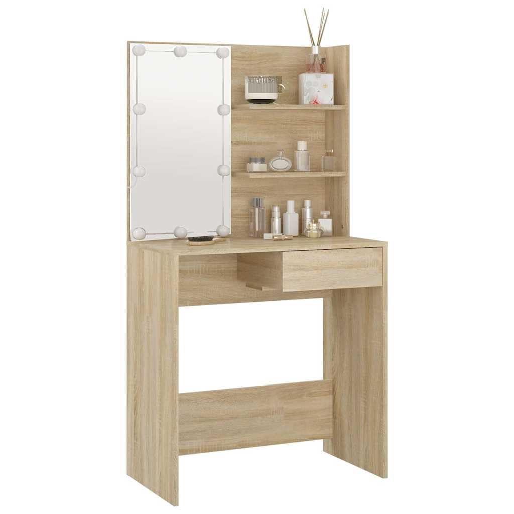 Toaletka z diodami LED dąb Sonoma 74,5 x 40 x 141 cm, materiał drewnopochodny z szufladą i półkami, toaletka z lustrem, oświetlenie LED, miejsce do przechowywania do sypialni i łazienki