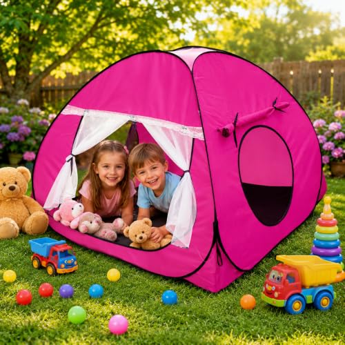 Image of SILVER SHINE Foldable Kids Play Tent House | Pop-Up Indoor & Outdoor Playhouse for Boys & Girls | Multi-Purpose Tent with Fun Patterns - Easy Setup & Portable (Pink)
