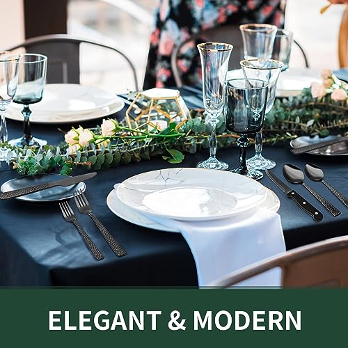 Image of EWFEN 24-Piece Black Silverware Set with Steak Knives, Black Flatware Set for 4, Food-Grade Stainless Steel Tableware Cutlery Set, Mirror Finished Utensil Sets for Home Restaurant, Hammered Edge