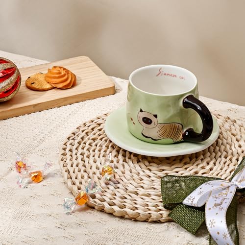 Taza con ilustración de gato verde de cerámica miniatura 4