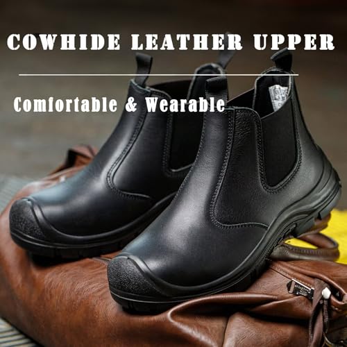 Work Boots for Men, Steel Toe Chelsea Slip On Safety Boots, Cow Leather Waterproof Comfortable Puncture-Resistant Work Shoes3