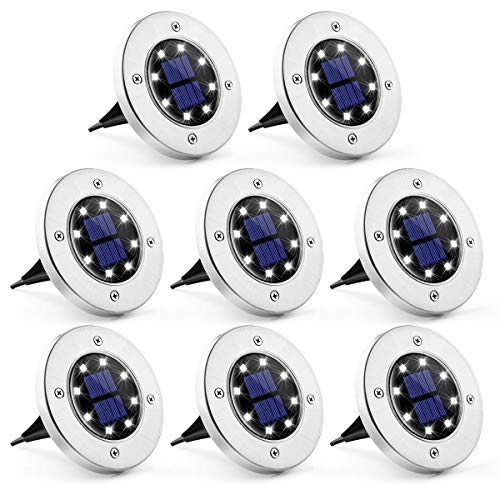 PAMAPIC Solar Ground Lights 8 Pack, 8 LED Solar Powered Disk Lights Outdoor
