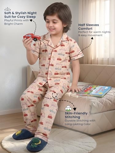 Image of POLKA TOTS 100% Pure Cotton Half Sleeve Night Suit for Kids, Girls & Boys | Cotton Pyjama Set | Unisex Night Dress for Children | Night Suit for Girls |Sleepwear for Kids | Winter Night Dress for Boys