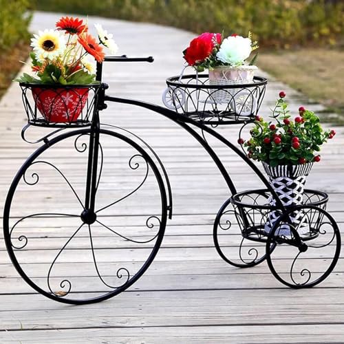 GiHaood Support à plantes tricycle en fer forgé avec 3 paniers, support de fleurs vintage pour vélo, chariot de fleurs décoratif pour jardin, balcon,...