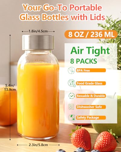 Image of Zukro 8 oz Glass Water Bottles with Lids, Reusable Clear Juice Bottles With Stainless Steel Airtight Cap for Juicing, Ginger Shot, Milk, 250ml Leak Proof Small Smoothie Container, BPA Free, Set of 8
