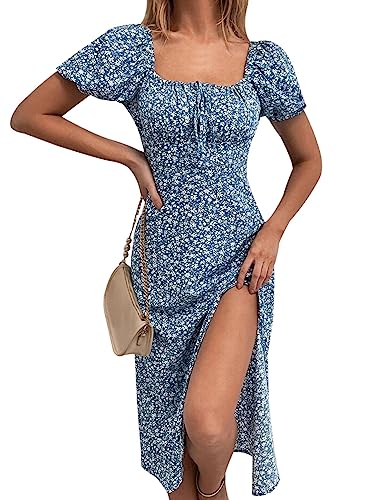 Image of SPRIME Women's Floral Summer Casual Dress Square Neck Puff Sleeve Boho Midi Dresses Ruched Bust High Waist Split Long Dress