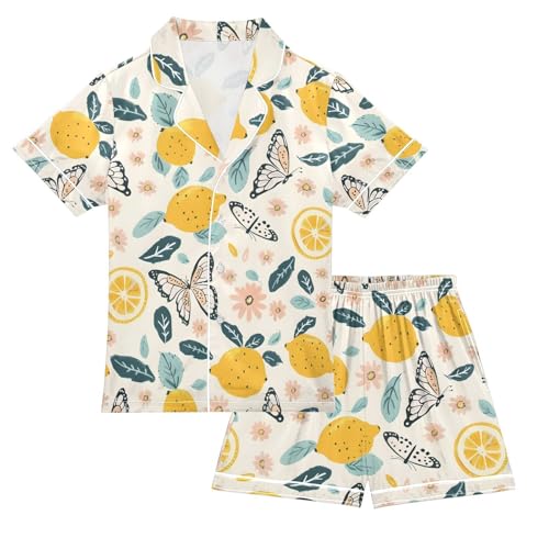 ALAZA Lemon Flower Butterfly Floral Pajamas Satin Pajama Set Short Sleeve Button Down Sleepwear