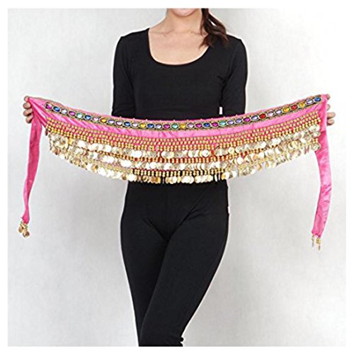 Image of VRITRAZ Women's Chiffon Belly Dance Hip Scarf Waistband Belt Skirt Mixed Colors Beads and Golded Coins 56 Black