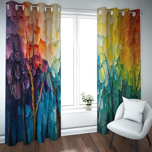 PARREN Árbol la Vida Cortinas abstractas para Sala Estar Suave Aislamiento térmico Pintura al óleo Estilo 4 Estaciones Tema Ojal Cortinas Opacas W140xL260cm 2 Paneles