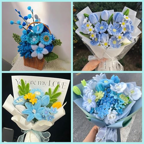 Image of ASTARON 521 Pcs 5 Colors Art Chenille Stems Pipe Cleaners Flower Making Kit | Blue Yellow Craft Pipe Cleaners,20 Floral Wires,Green Gardening Tape, Flowers Making Kit,Polyester Fluffy Pipe Cleaners Set
