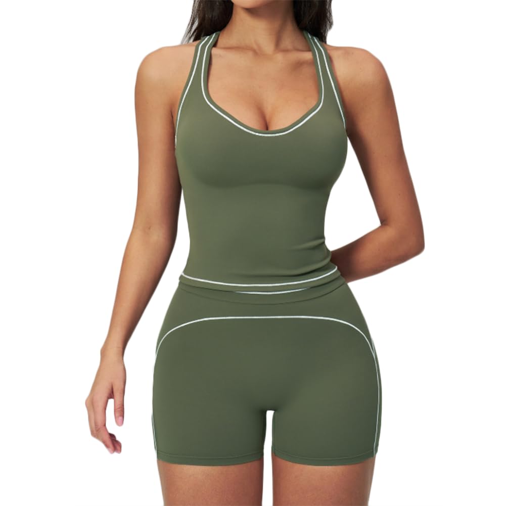 JPXJGT Women's Lightweight Sportswear Set Four-Way Stretch Breathable High Waist Workout Shorts Yoga Tank Top 2Pcs Sports Gym(Size:M,Color:Green)